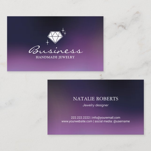 Handmade Jewellery Diamond Logo Modern Purple Business Card (Front/Back)