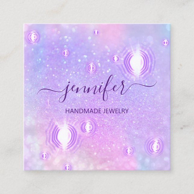 Handmade Jewellery Purple Logo Fashion Holographic Square Business Card (Front)