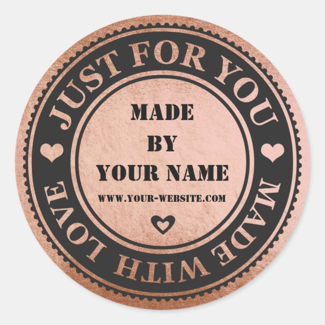 Handmade Just For You Made With Love Peach Black Classic Round Sticker (Front)