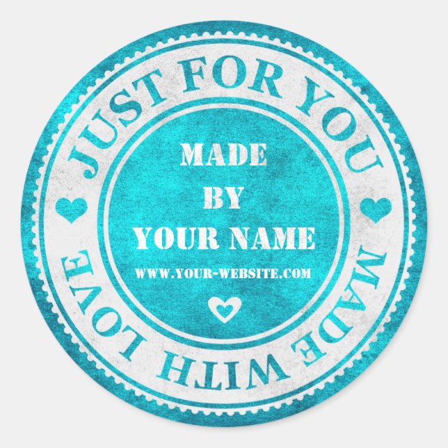 Handmade Just For You Made With Love Turquse White Classic Round Sticker (Front)