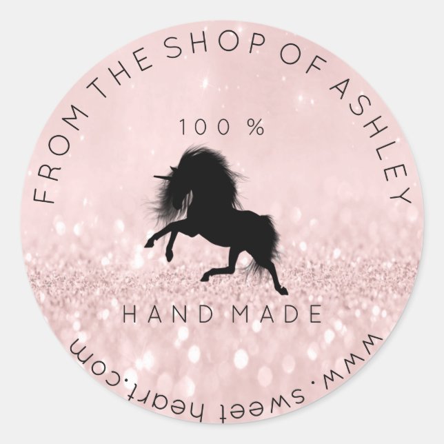 Handmade Logo From Name Web Pink Unicorn Black Classic Round Sticker (Front)