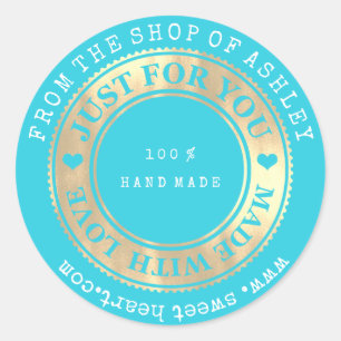 Handmade Logo Name Web Heart Love Ocean Blue Gold Classic Round Sticker