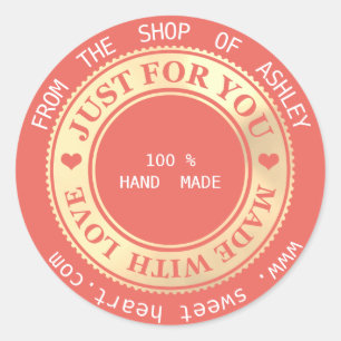 Handmade Logo Name Web Hearts Love Gold Coral Classic Round Sticker