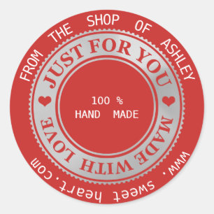 Handmade Logo Name Web Hearts Love Grey  Red Classic Round Sticker