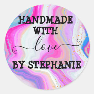 Handmade love pastel rainbow marble glitter classic round sticker