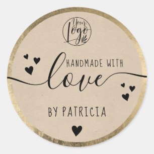 Handmade love script black logo hearts gold kraft  classic round sticker