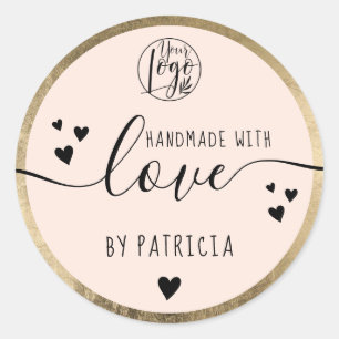 Handmade love script black logo hearts gold pink classic round sticker