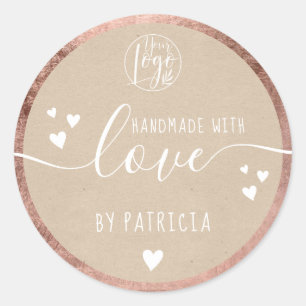 Handmade love script logo hearts rose gold kraft classic round sticker