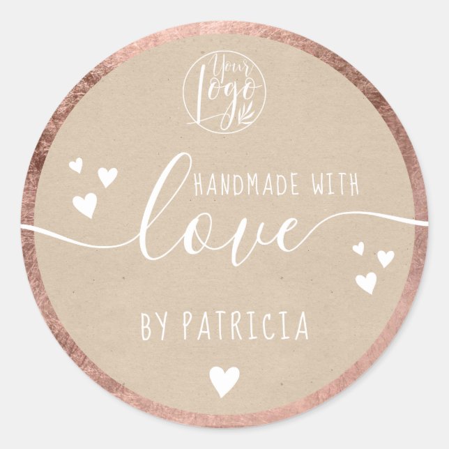 Handmade love script logo hearts rose gold kraft classic round sticker (Front)