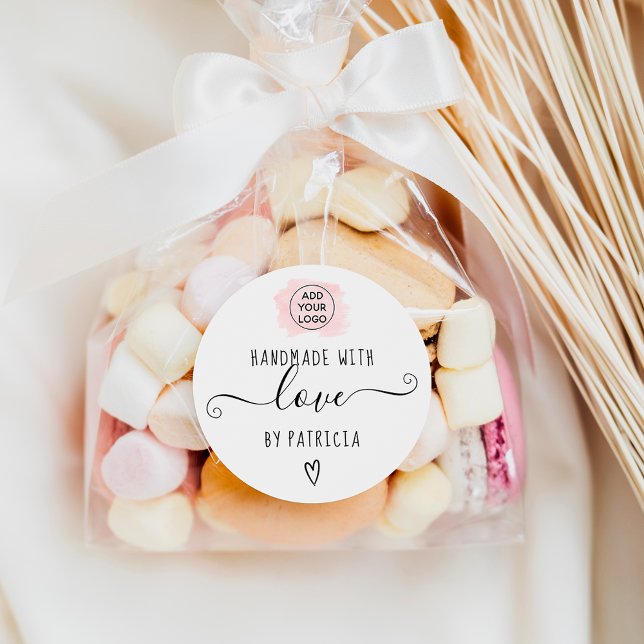 Handmade love typography pink brushstroke logo classic round sticker (Creator Uploaded)