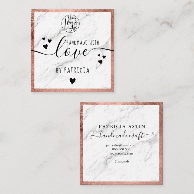 Handmade love typography rose gold marble logo square business card (Front/Back)