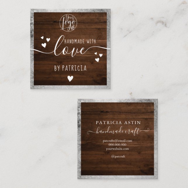 Handmade love typography rustic silver wood logo square business card (Front/Back)