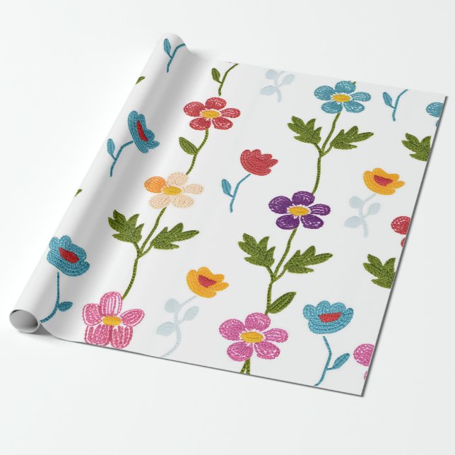 Handmade Minimal Nature Florals Colorful Botanical Wrapping Paper (Unrolled)