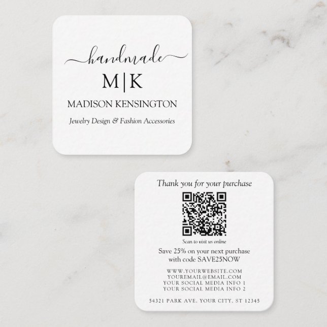 Handmade Monogram or Add Logo QR Business Square Business Card (Front/Back)