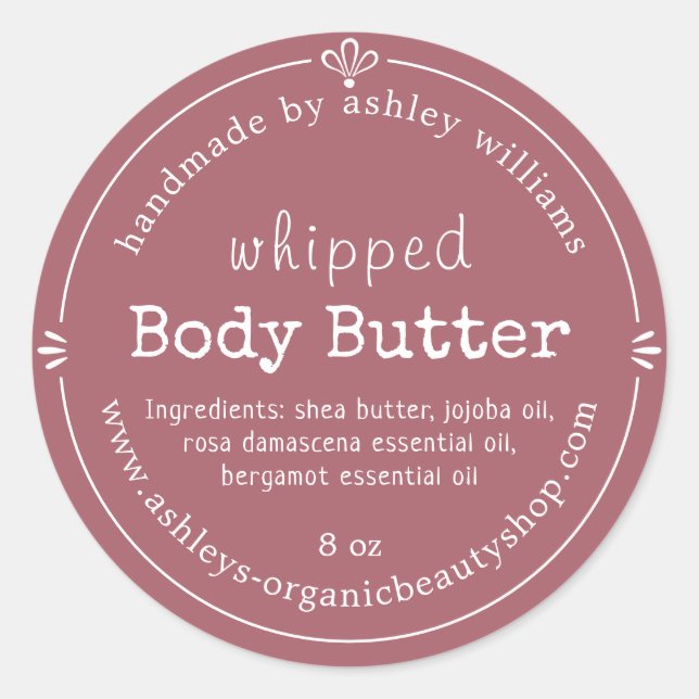 Handmade Organic Body Butter Label Dusty Rose (Front)