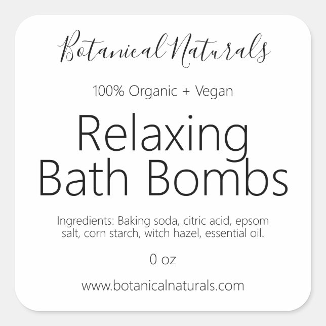 Handmade Organic Vegan Bath Bomb Simple Labels (Front)