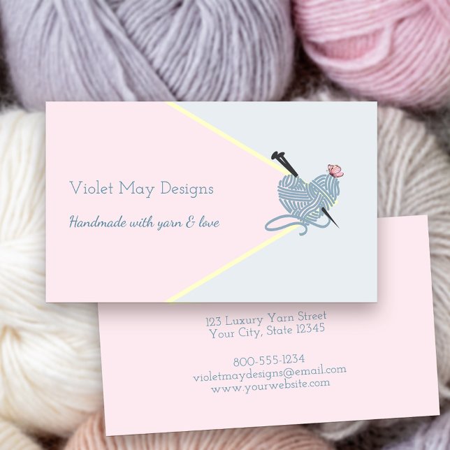 Handmade Pastel Pink Blue Knitting or Yarn Craft Business Card (Handmade with Yarn and Love Craft Boutique Artisan Business Card)