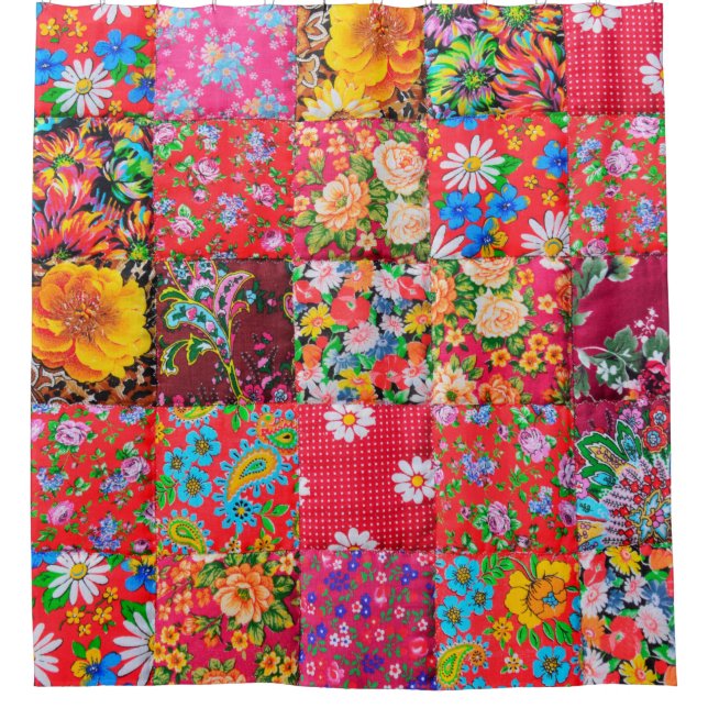 Handmade patchwork quilt with floral pattern as ba shower curtain (Front)