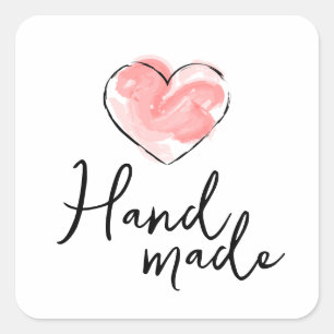 Handmade Pink Watercolor Heart Handwritten Script Square Sticker