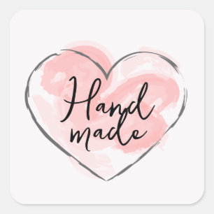 Handmade Pink Watercolor Heart Square Sticker