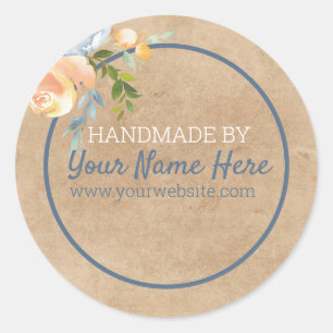 Handmade Product Blue and Peach Floral Kraft Paper Classic Round Sticker