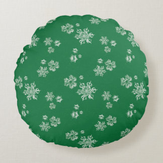 Handmade Snowflake Flurries - Bright Green & White Round Cushion