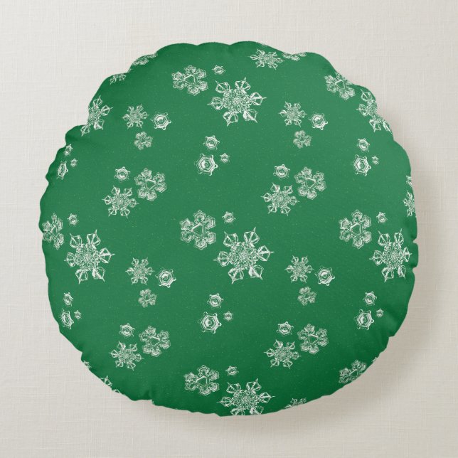 Handmade Snowflake Flurries - Bright Green & White Round Cushion (Front)