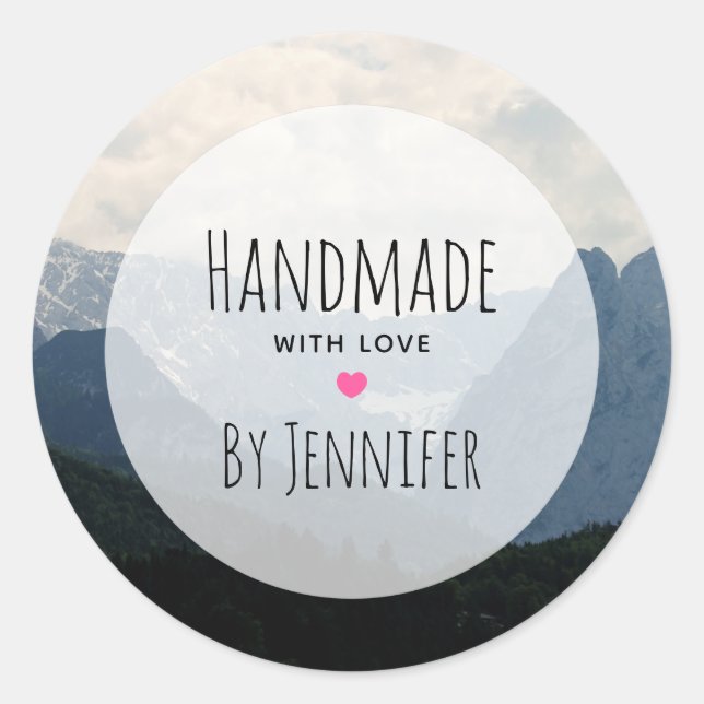 Handmade with Love Alpine Mountains Nature Photo  Classic Round Sticker (Front)