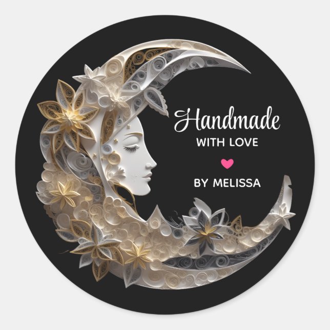 Handmade with Love Beautiful Face in the Moon Classic Round Sticker (Front)