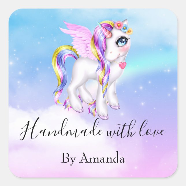 Handmade with Love Beautiful Unicorn with Rainbow Square Sticker (Front)