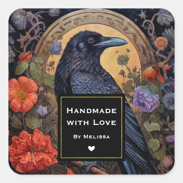 Handmade with Love Black Crow Dark Gothic Square Sticker (Front)