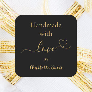 Handmade with love black gold name square sticker
