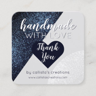 Handmade With Love Black Grey Glitter Heart Square Business Card