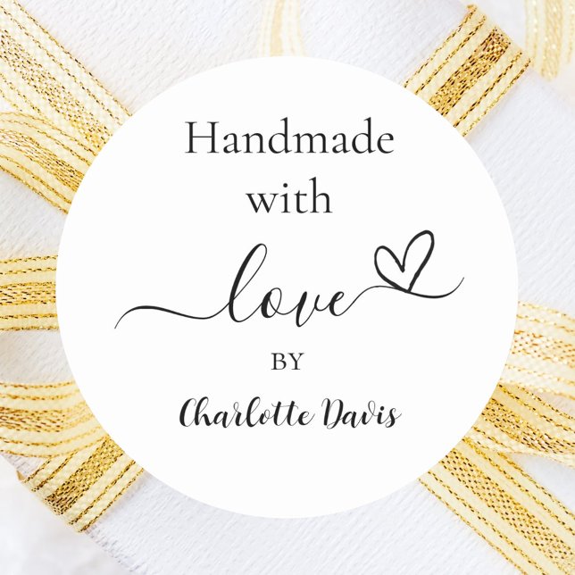 Handmade with love black white name classic round sticker (Creator Uploaded)