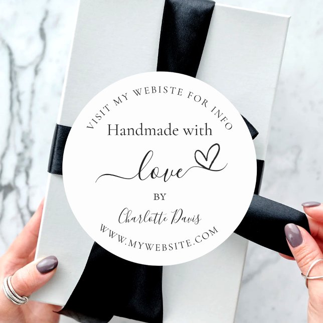 Handmade with love black white name website classic round sticker (Creator Uploaded)