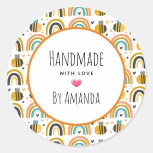 Handmade with Love Bumble Bee and Rainbows Pattern Classic Round Sticker