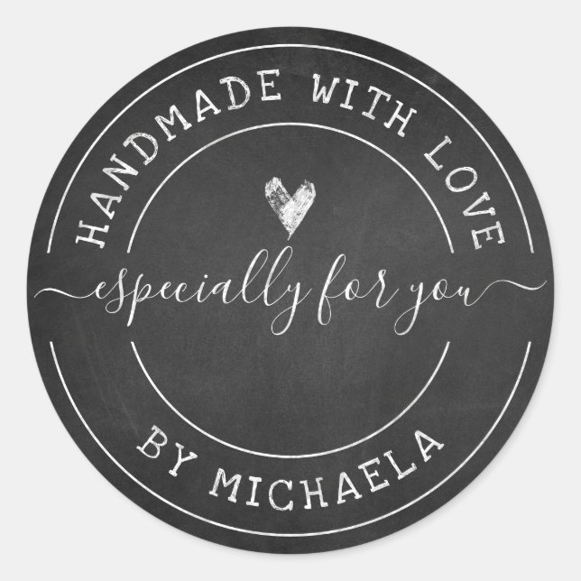 Handmade With Love By Name Chalk On Blackboard Classic Round Sticker (Front)