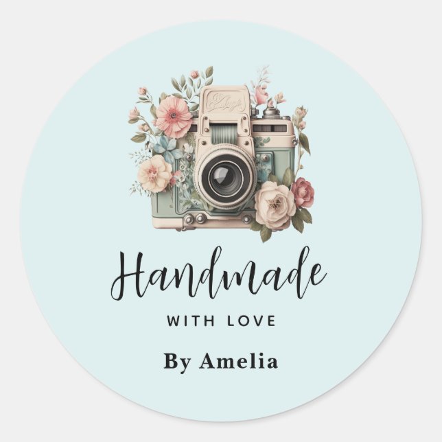 Handmade with Love Camera with Flowers Retro Classic Round Sticker (Front)