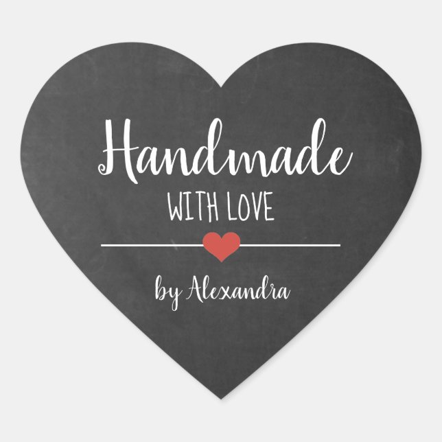 Handmade with love chalkboard script personalised  heart sticker (Front)