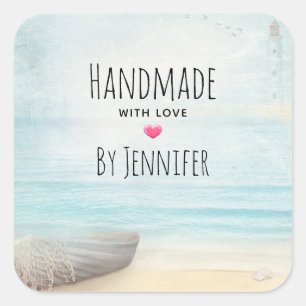 Handmade with Love Coastal Beach Scene Nautical Square Sticker