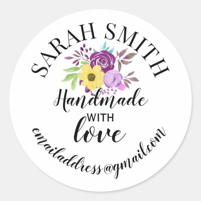 Handmade with love company name floral classic round sticker (Front)