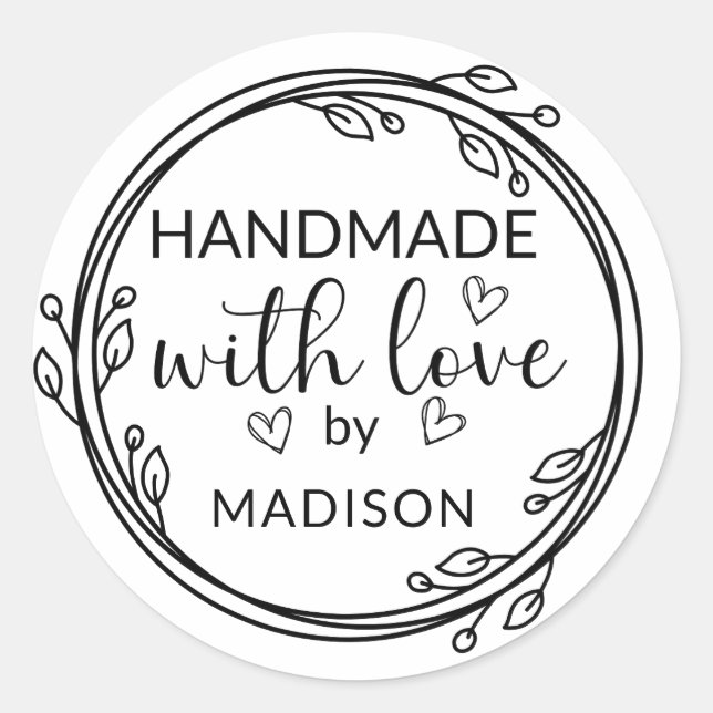 Handmade with Love Custom Name Classic Round Sticker (Front)