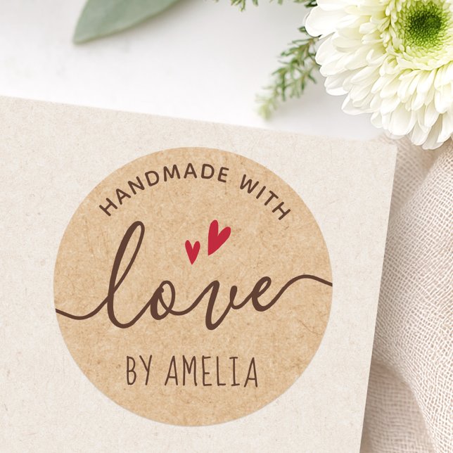 Handmade with love custom name Kraft paper look Classic Round Sticker (Handmade with love custom name Kraft paper look Classic Round Sticker)