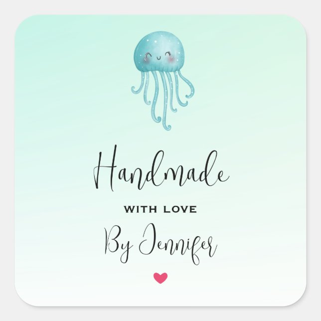 Handmade with Love Cute and Happy Jellyfish Square Sticker (Front)