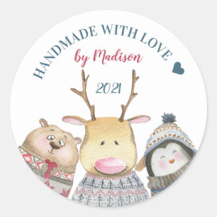Handmade with love Cute animals winter Classic Round Sticker