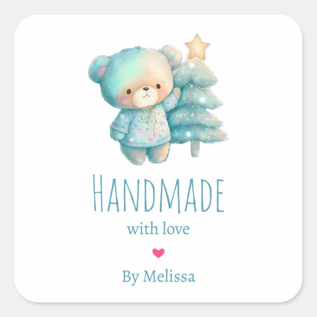Handmade with Love Cute Bear and Christmas Tree Square Sticker (Front)