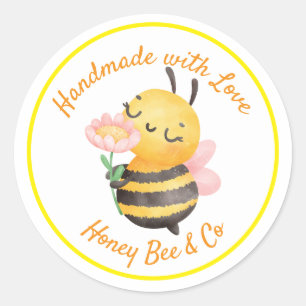Handmade with Love. Cute Bee Personalised Classic Round Sticker