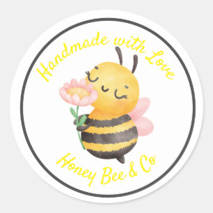 Handmade with Love. Cute Bee Personalised Classic Round Sticker