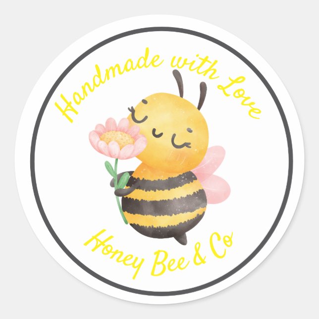 Handmade with Love. Cute Bee Personalised Classic Round Sticker (Front)