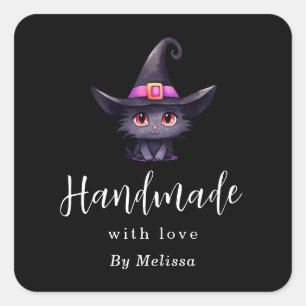 Handmade with Love Cute Black Cat in a Witch's Hat Square Sticker